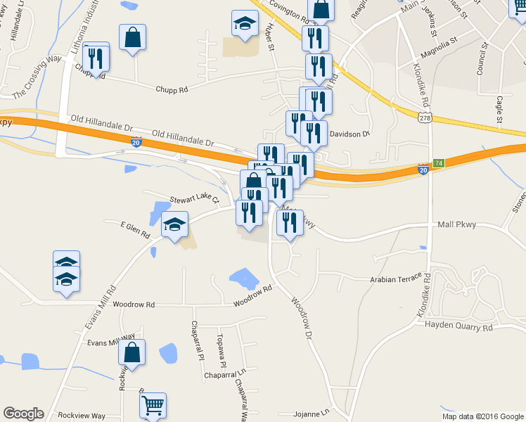 map of restaurants, bars, coffee shops, grocery stores, and more near 6474 Woodrow Road in Lithonia