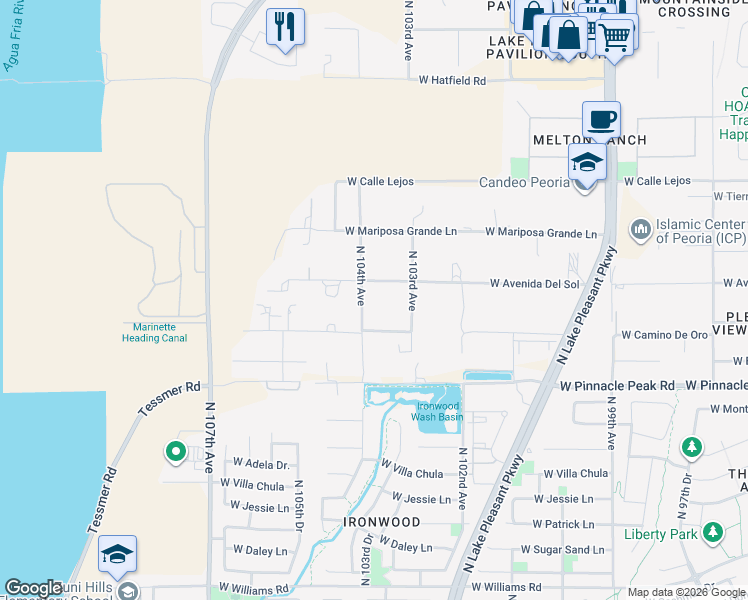 map of restaurants, bars, coffee shops, grocery stores, and more near 23705 North 104th Avenue in Peoria