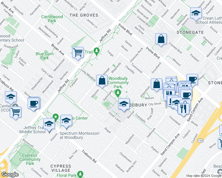 map of restaurants, bars, coffee shops, grocery stores, and more near in Irvine