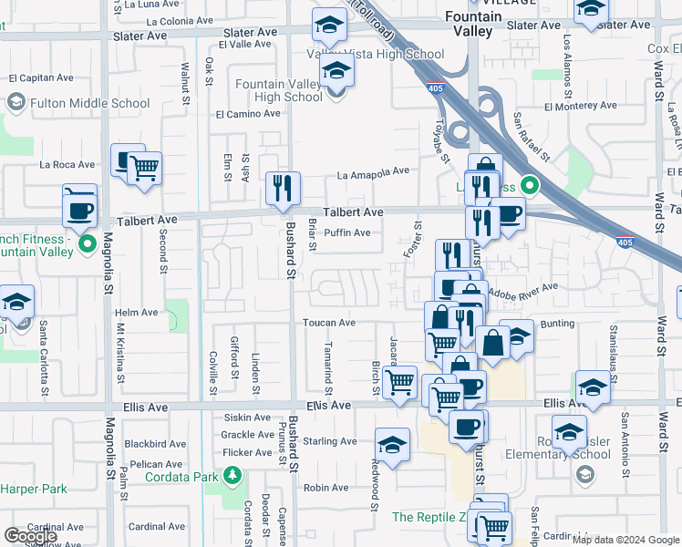 map of restaurants, bars, coffee shops, grocery stores, and more near 602 Balsa Lane in Fountain Valley
