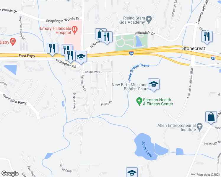 map of restaurants, bars, coffee shops, grocery stores, and more near 3076 Fields Drive in Lithonia