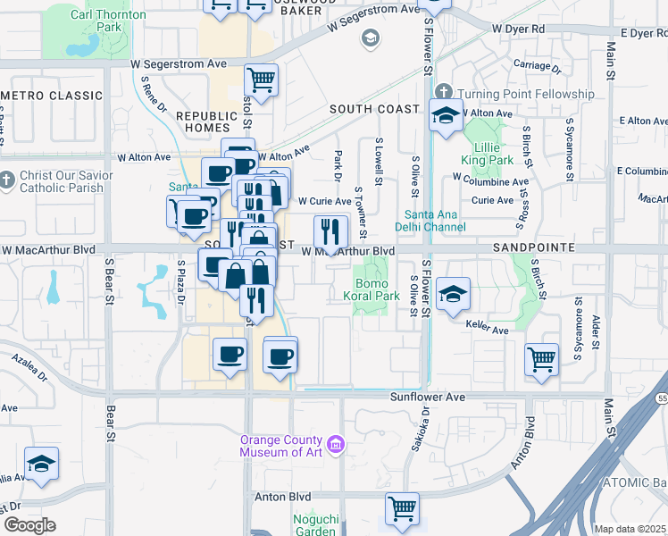 map of restaurants, bars, coffee shops, grocery stores, and more near in Santa Ana