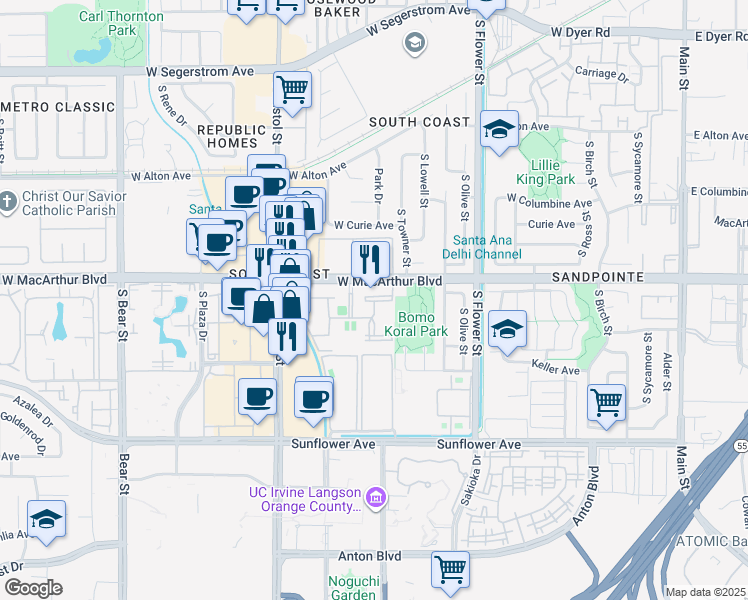 map of restaurants, bars, coffee shops, grocery stores, and more near 1000 West MacArthur Boulevard in Santa Ana