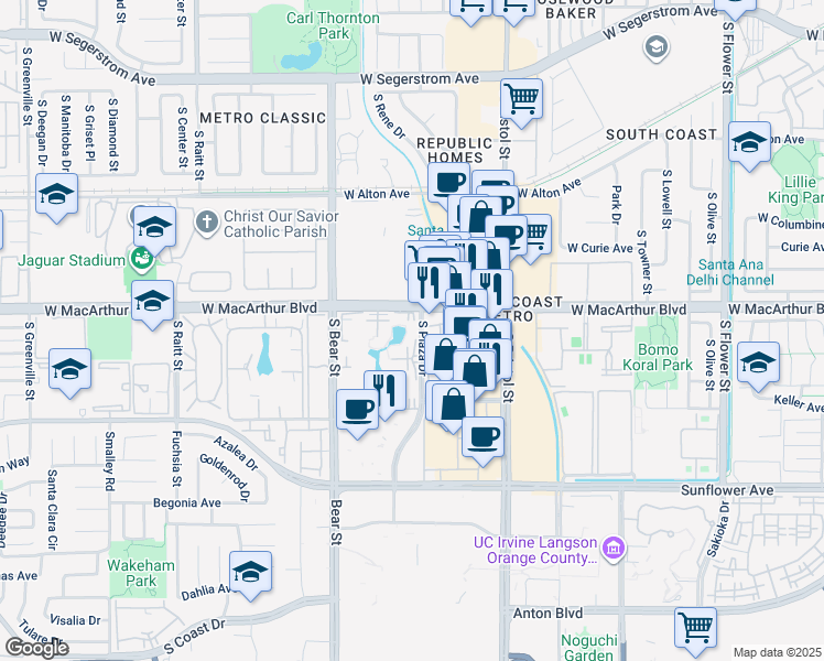 map of restaurants, bars, coffee shops, grocery stores, and more near 3700 South Plaza Drive in Santa Ana