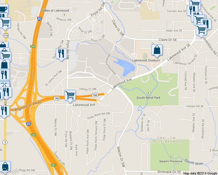 map of restaurants, bars, coffee shops, grocery stores, and more near 100 Lakewood Way Southwest in Atlanta