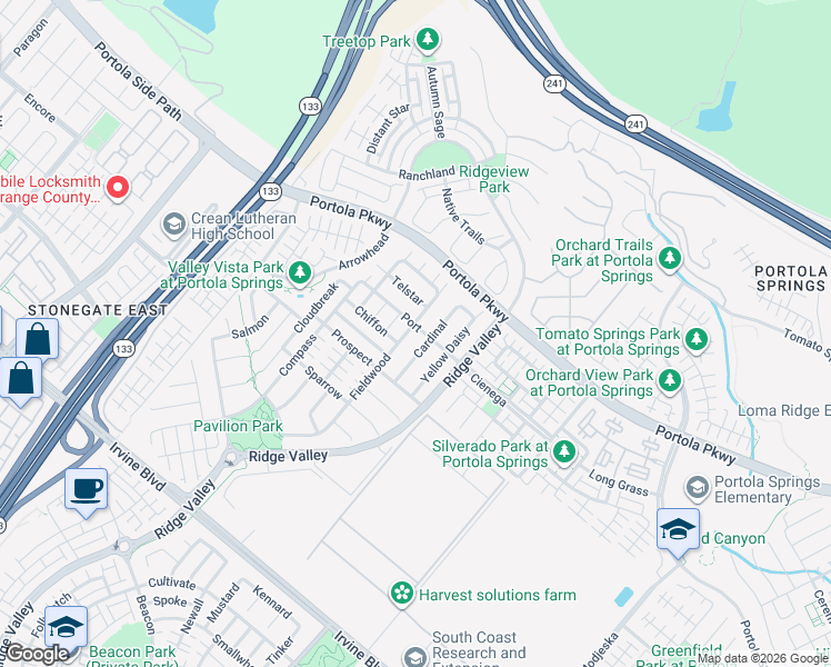 map of restaurants, bars, coffee shops, grocery stores, and more near 120 Fieldwood in Irvine