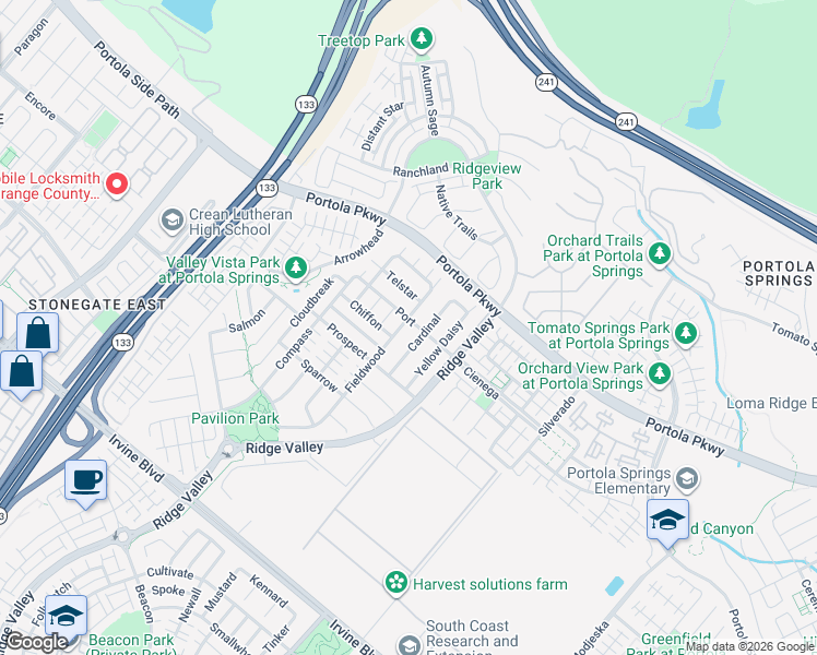 map of restaurants, bars, coffee shops, grocery stores, and more near 120 Fieldwood in Irvine