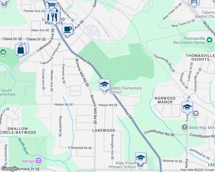 map of restaurants, bars, coffee shops, grocery stores, and more near 2023 Highway 54 in Atlanta