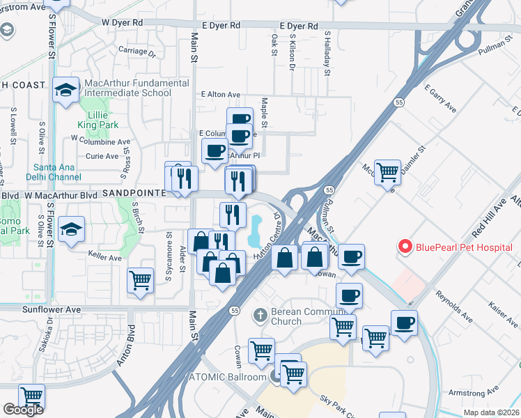 map of restaurants, bars, coffee shops, grocery stores, and more near 3 Hutton Centre Drive in Santa Ana