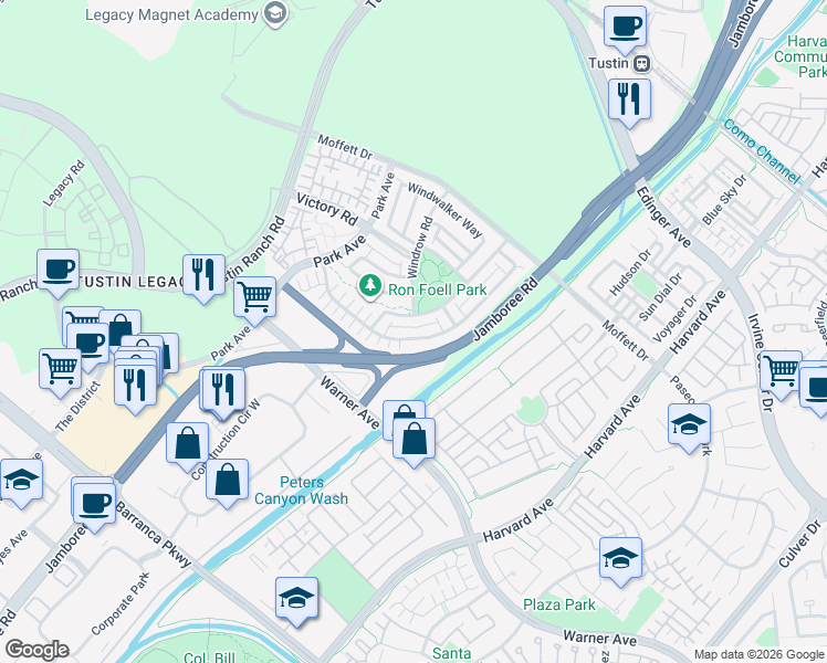 map of restaurants, bars, coffee shops, grocery stores, and more near 222 Barnes Road in Tustin