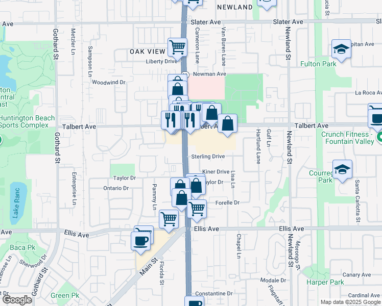 map of restaurants, bars, coffee shops, grocery stores, and more near 8011 Sterling Drive in Huntington Beach