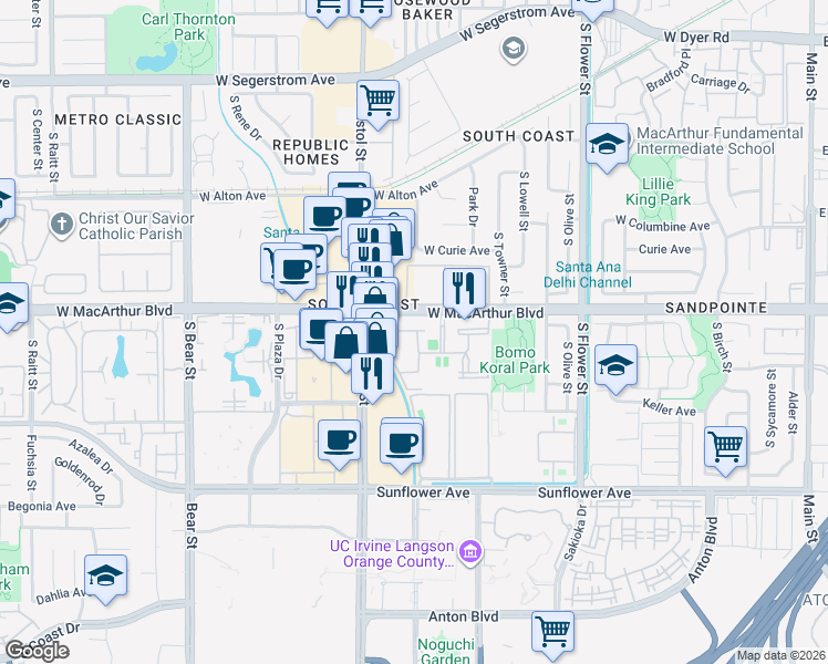 map of restaurants, bars, coffee shops, grocery stores, and more near 1040 West MacArthur Boulevard in Santa Ana