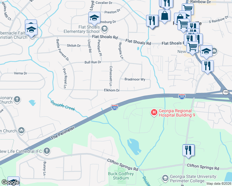 map of restaurants, bars, coffee shops, grocery stores, and more near 2648 McGlynn Drive in Decatur