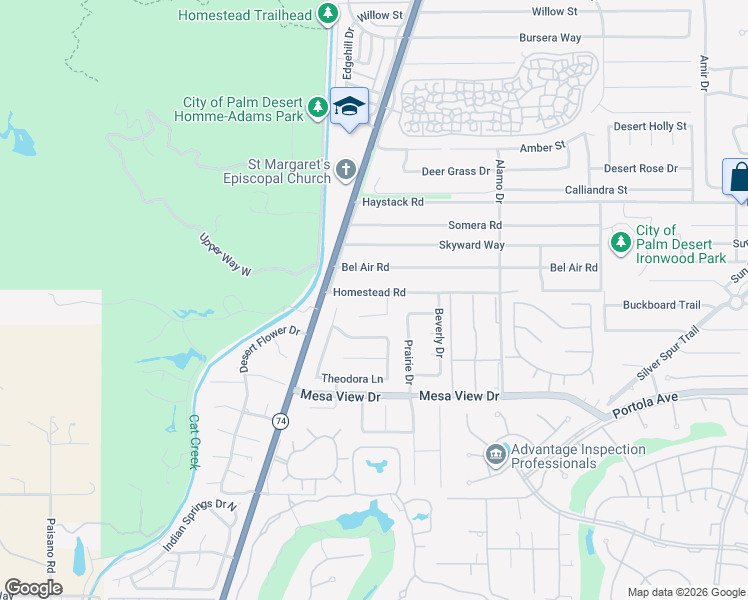 map of restaurants, bars, coffee shops, grocery stores, and more near 72660 Desert View Drive in Palm Desert