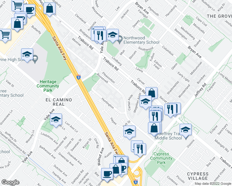 map of restaurants, bars, coffee shops, grocery stores, and more near 109 Remington in Irvine