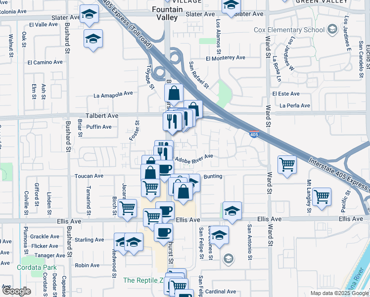 map of restaurants, bars, coffee shops, grocery stores, and more near 18170 Arbor Court in Fountain Valley
