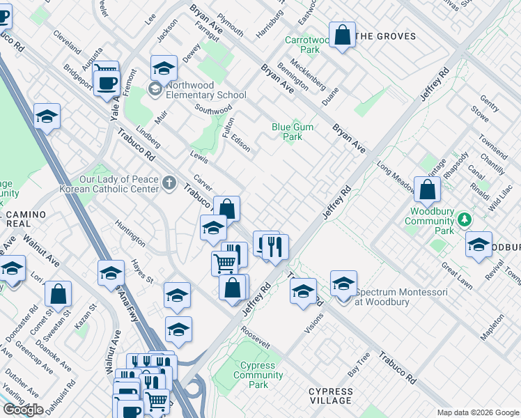 map of restaurants, bars, coffee shops, grocery stores, and more near 33 Grape Arbor in Irvine