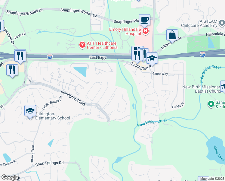 map of restaurants, bars, coffee shops, grocery stores, and more near 6101 Fairington Ridge Circle in Stonecrest