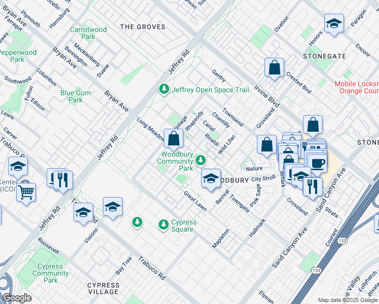 map of restaurants, bars, coffee shops, grocery stores, and more near 143 Sanctuary in Irvine