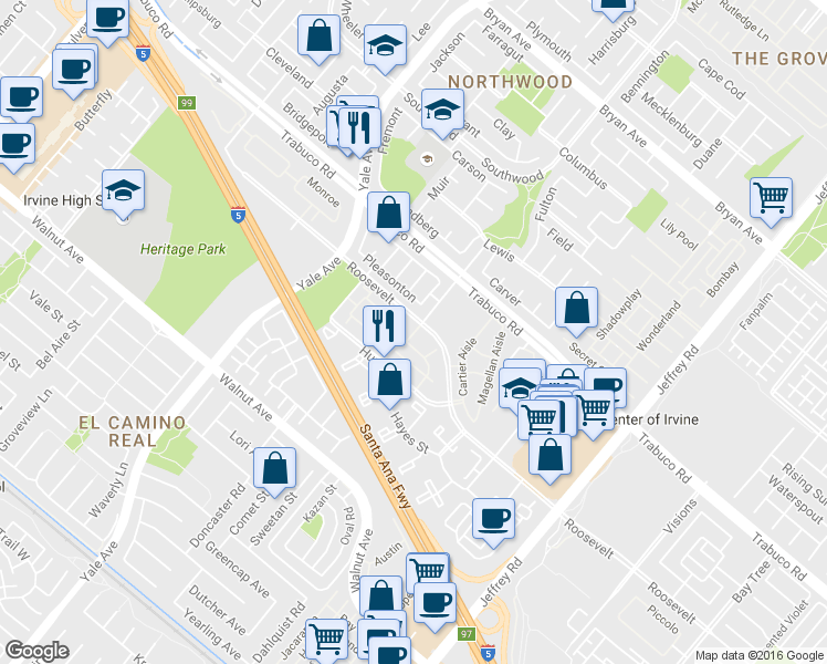 map of restaurants, bars, coffee shops, grocery stores, and more near 337 Huntington in Irvine