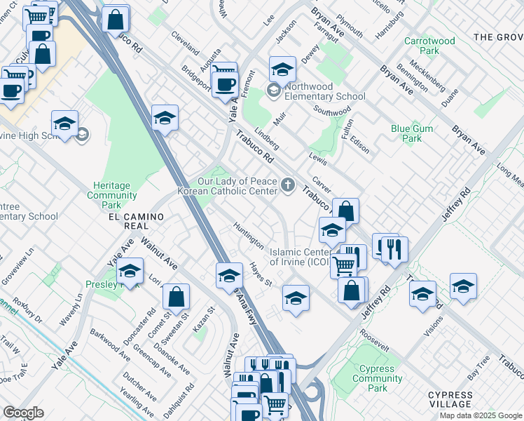map of restaurants, bars, coffee shops, grocery stores, and more near 337 Huntington in Irvine
