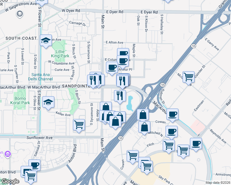 map of restaurants, bars, coffee shops, grocery stores, and more near 100 East Macarthur Boulevard in Santa Ana
