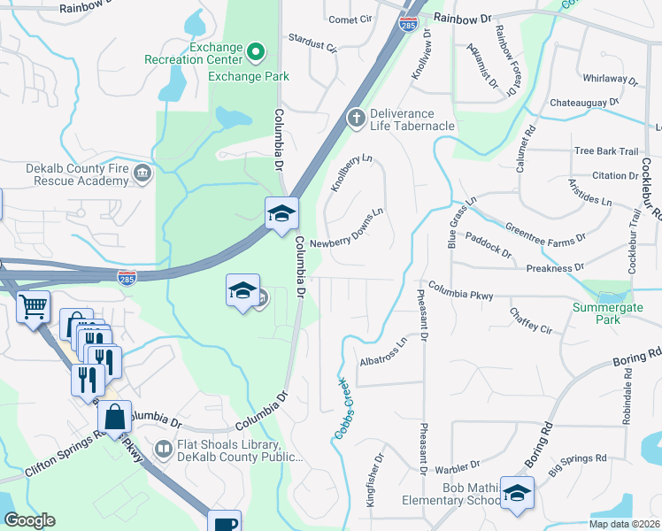 map of restaurants, bars, coffee shops, grocery stores, and more near 2947 Knollberry Lane in Decatur