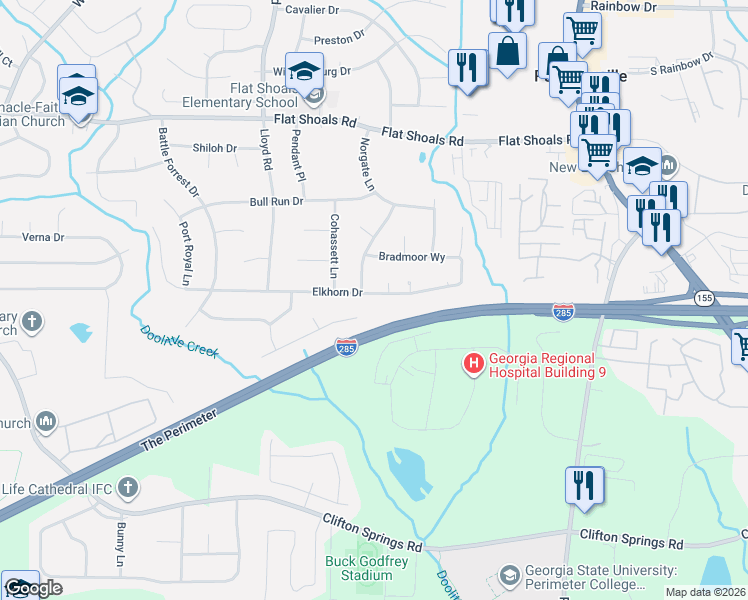 map of restaurants, bars, coffee shops, grocery stores, and more near 2675 Elkhorn Drive in Decatur