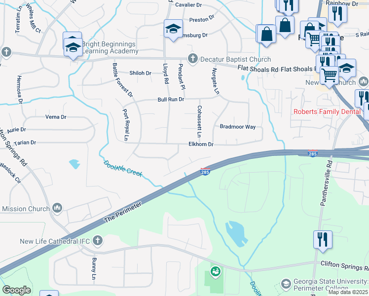 map of restaurants, bars, coffee shops, grocery stores, and more near 2595 Elkhorn Drive in Decatur