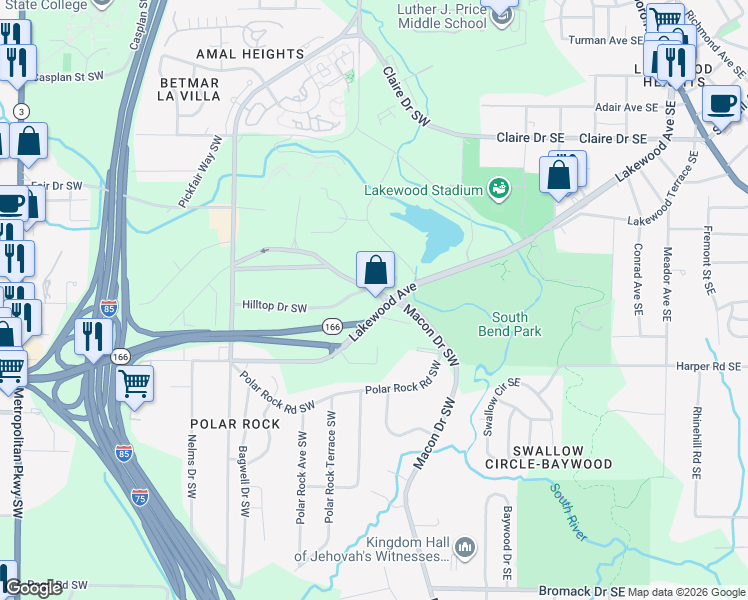 map of restaurants, bars, coffee shops, grocery stores, and more near 100 Lakewood Way Southwest in Atlanta