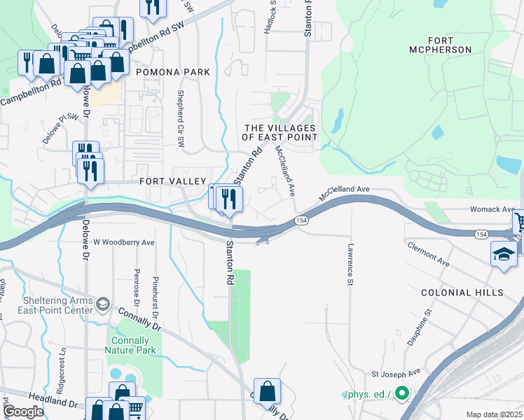 map of restaurants, bars, coffee shops, grocery stores, and more near 2040 Stanton Road in East Point