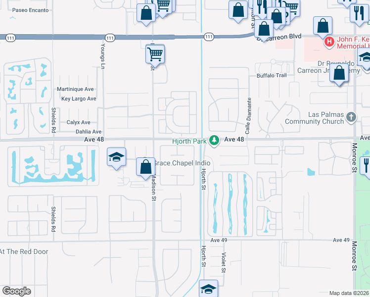 map of restaurants, bars, coffee shops, grocery stores, and more near 81161 Las Colinas Avenue in Indio