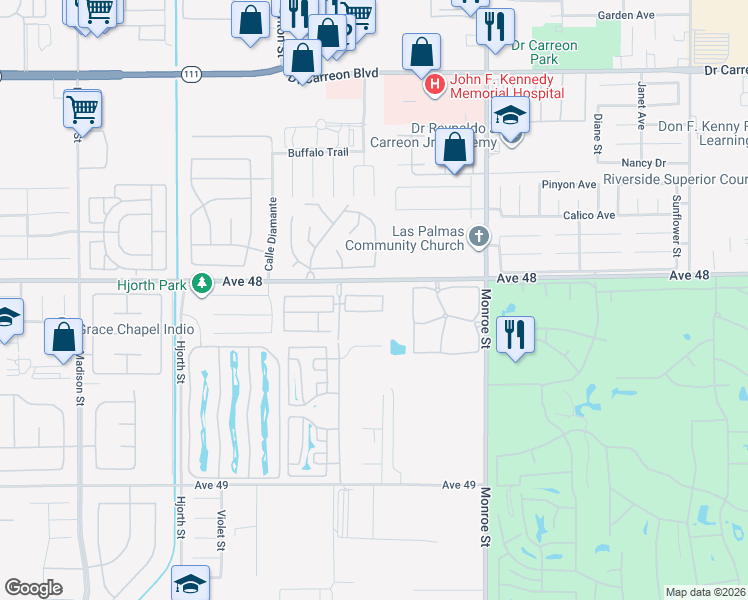 map of restaurants, bars, coffee shops, grocery stores, and more near 81641 Avenue 48 in Indio
