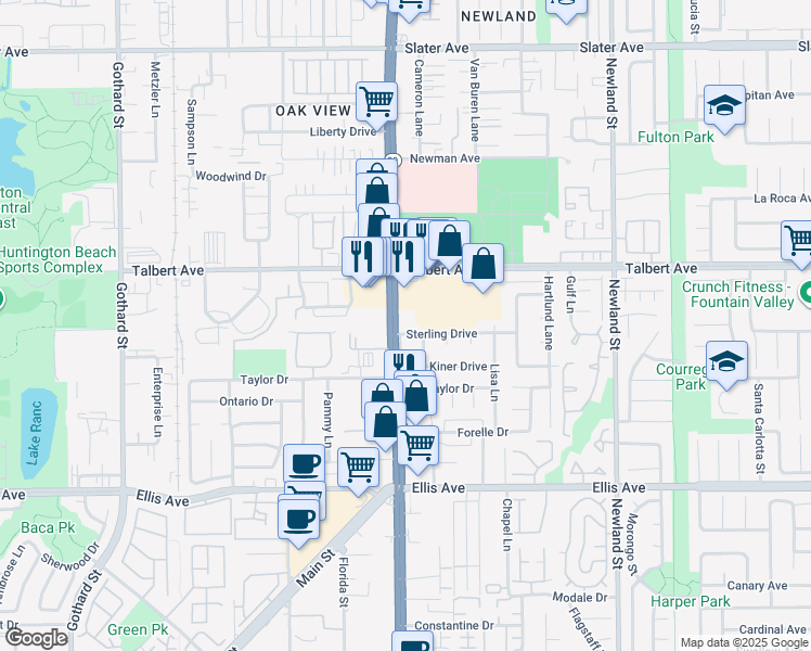 map of restaurants, bars, coffee shops, grocery stores, and more near 8011 Sterling Drive in Huntington Beach