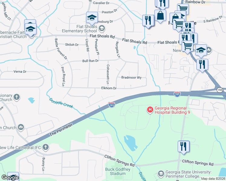 map of restaurants, bars, coffee shops, grocery stores, and more near 2648 McGlynn Drive in Decatur