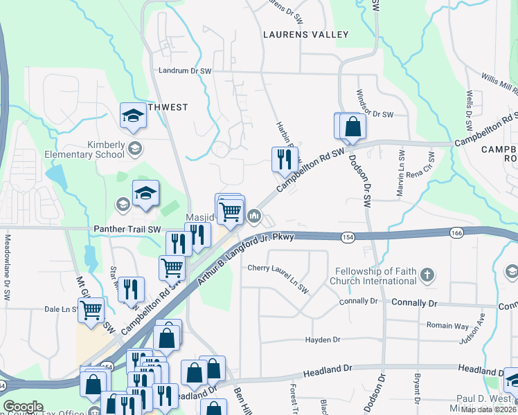 map of restaurants, bars, coffee shops, grocery stores, and more near Campbellton Road Southwest in Atlanta
