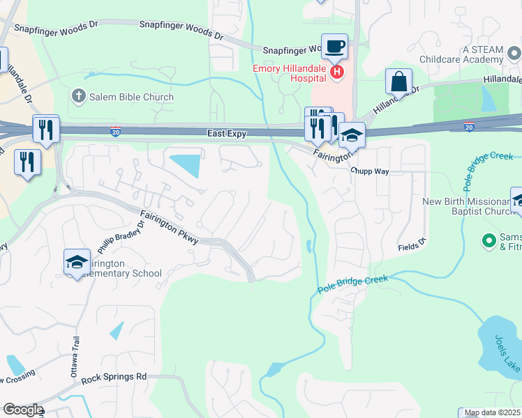 map of restaurants, bars, coffee shops, grocery stores, and more near 7203 Fairington Ridge Circle in Stonecrest