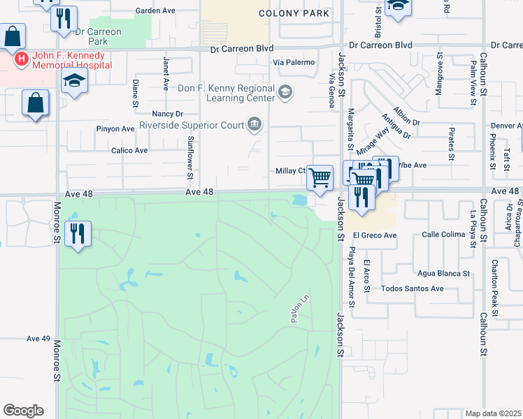 map of restaurants, bars, coffee shops, grocery stores, and more near 82567 Avenue 48 in Indio