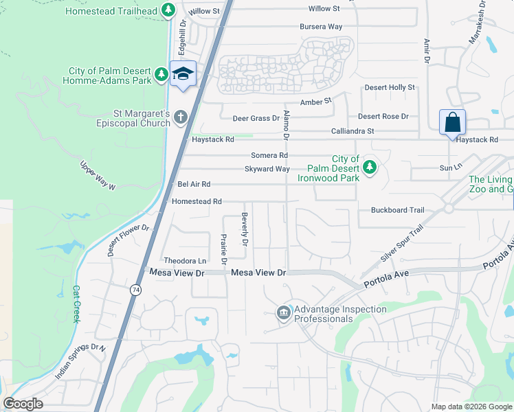 map of restaurants, bars, coffee shops, grocery stores, and more near 48035 Racquet Lane in Palm Desert