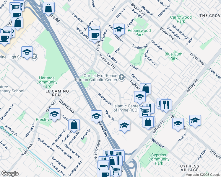 map of restaurants, bars, coffee shops, grocery stores, and more near 337 Huntington in Irvine