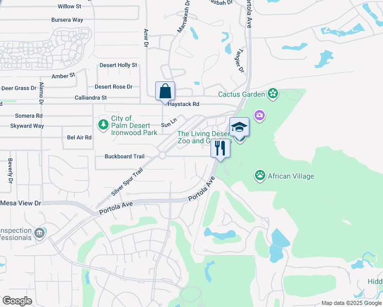 map of restaurants, bars, coffee shops, grocery stores, and more near 73720 Buckboard Trail in Palm Desert
