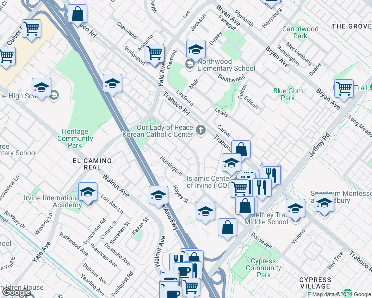 map of restaurants, bars, coffee shops, grocery stores, and more near 18 Remington in Irvine