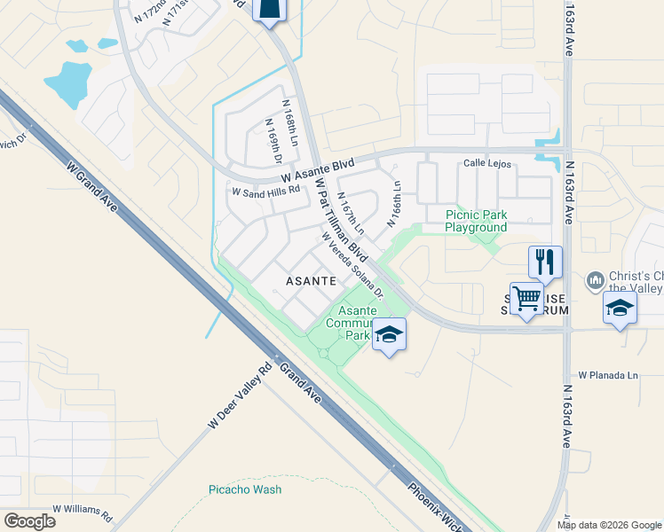 map of restaurants, bars, coffee shops, grocery stores, and more near 16792 West Creedance Boulevard in Surprise