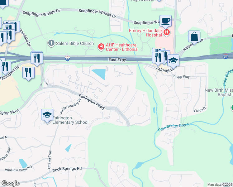 map of restaurants, bars, coffee shops, grocery stores, and more near 2857 Norfair Loop in Lithonia