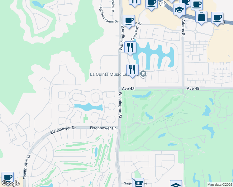 map of restaurants, bars, coffee shops, grocery stores, and more near 48129 Vista Cielo in La Quinta
