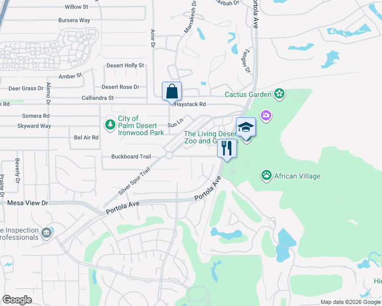 map of restaurants, bars, coffee shops, grocery stores, and more near 73680 Buckboard Trail in Palm Desert