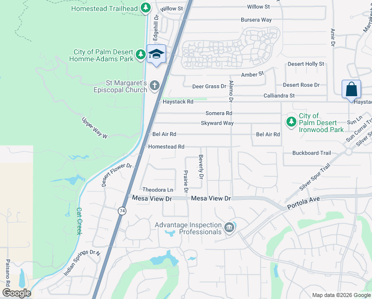 map of restaurants, bars, coffee shops, grocery stores, and more near 72775 Homestead Road in Palm Desert