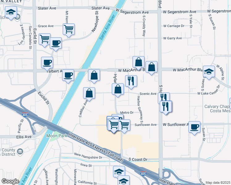 map of restaurants, bars, coffee shops, grocery stores, and more near 1600 Scenic Avenue in Costa Mesa