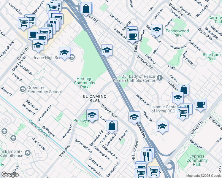 map of restaurants, bars, coffee shops, grocery stores, and more near 18 Denver in Irvine