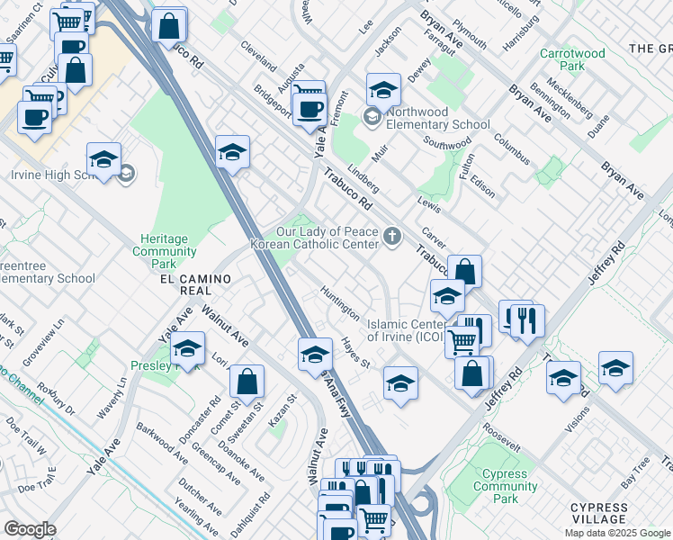 map of restaurants, bars, coffee shops, grocery stores, and more near 159 Remington in Irvine